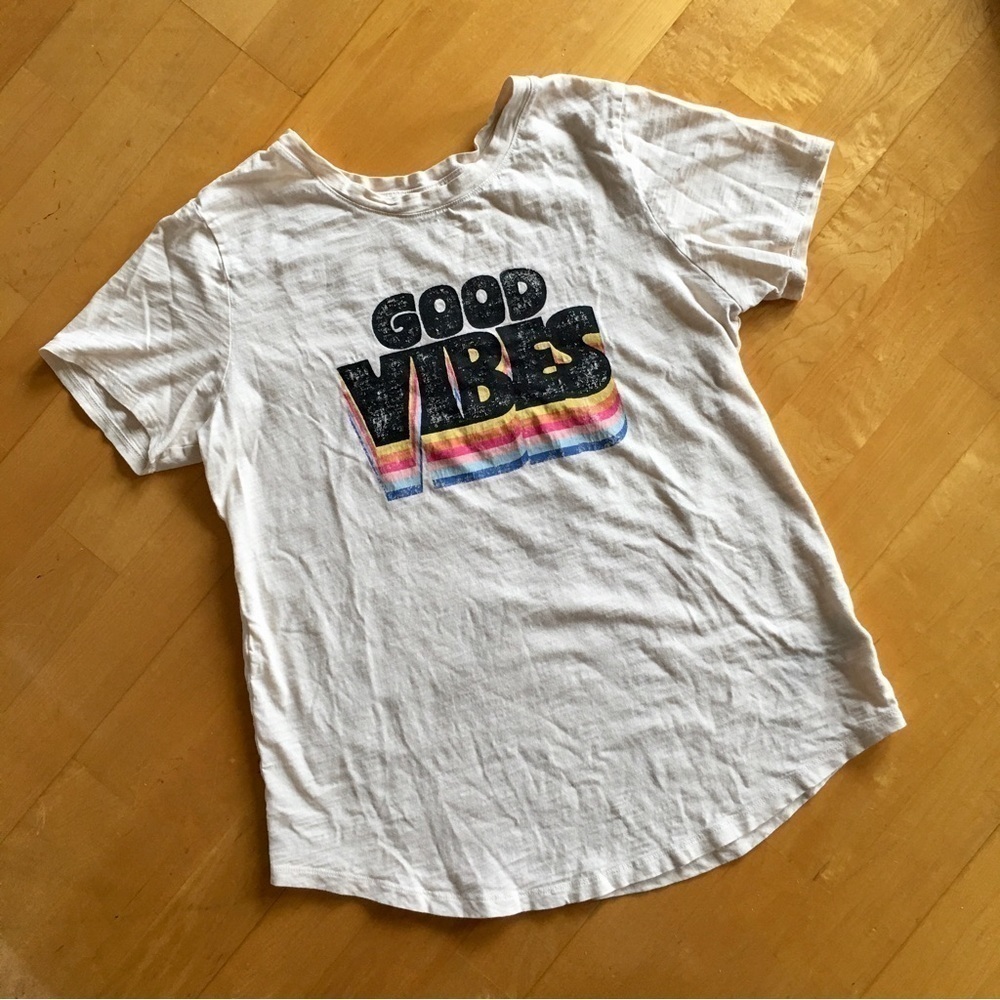 LAST CHANCE! “GOOD VIBES” Tee, 100% Cotton, Cream, Ivory, Black, Size Small Tall